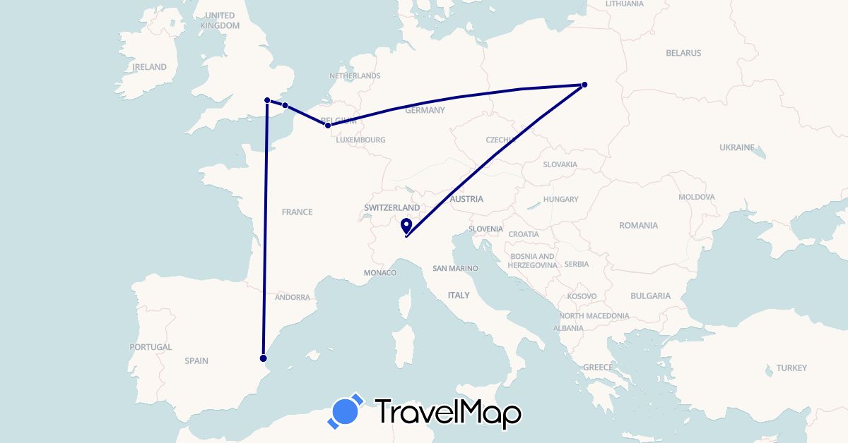 TravelMap itinerary: driving in Belgium, France, United Kingdom, Italy, Poland (Europe)